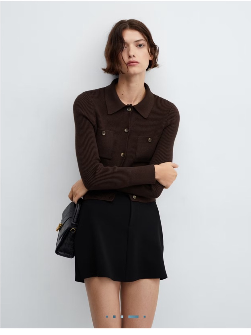 Mango Ribbed Button-Up Cardigan Cropped Size Medium Chocolate Brown Small